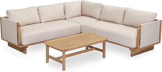 Merax 4 Piece Patio Outdoor Furniture Set, All-Weather V-Shaped Sectional Sofa with Cushions, 1 Coffee Table for Porch, Lawn, Backyard, Balcony, Light Teak+ Beige
