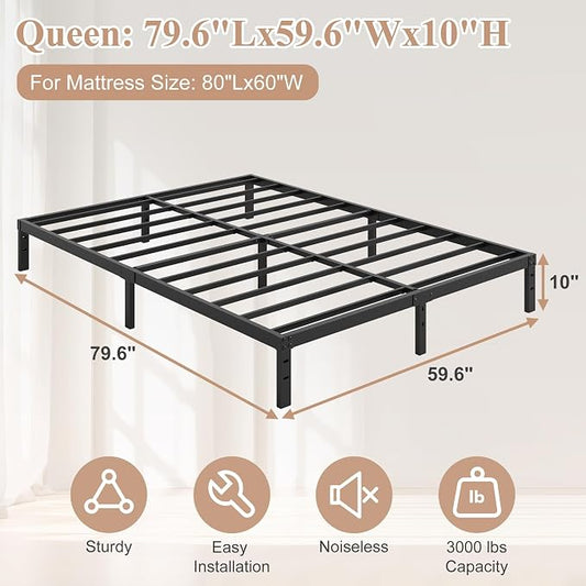 HOBINCHE 10 Inch Queen Bed Frame, Queen Size Bed Frame No Box Spring Needed | Heavy Duty Metal Platform Mattress Foundation with Steel Slats, Non-slip Noise Free Easy Assembly Black