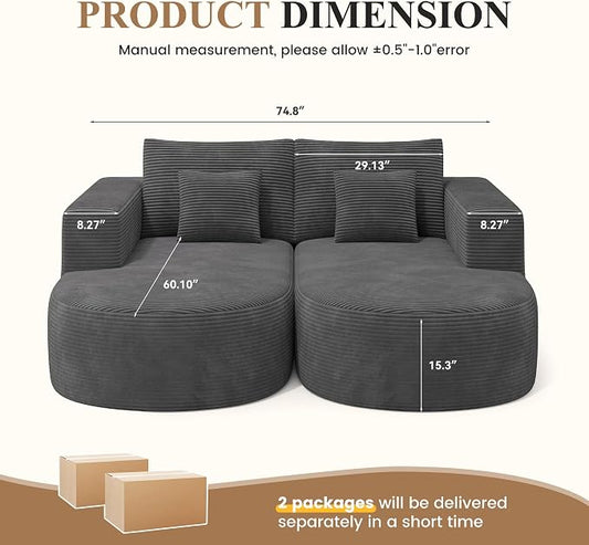 Modular Sectional Sofa Bed,Convertible Cloud Couches for Living Room,2 Chaise Corduroy Boneless Couch Sleeper Sofa Set,Oversized Chaise Lounge Chair for Bedroom,No Assembly Required,Gray 1PCS