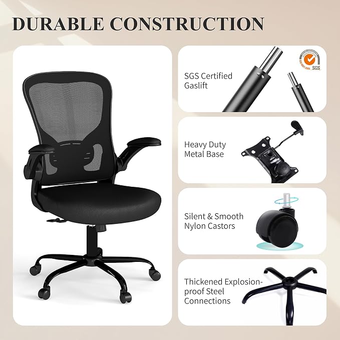 Flysky Mesh Office Chair, Ergonomic Computer Desk Chairs for Home Office - with Comfy/Comfortable Flip-up Arm Rests, Lumbar Support, Height Adjustable, 360 Degree Rolling Swivel (Black, 10 Pack)
