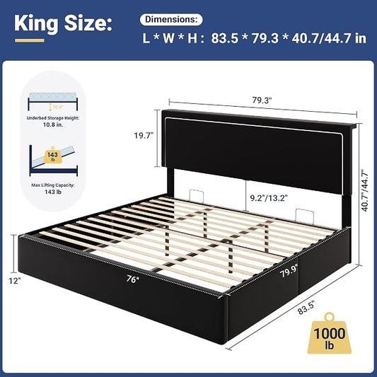 Allewie King Size Lift Up Storage Bed Frame with Charging Station & LED Lights, Adjustable Velvet Upholstered Storage Headboard, Type-C & USB Ports, Hydraulic Support, No Box Spring Needed, Black