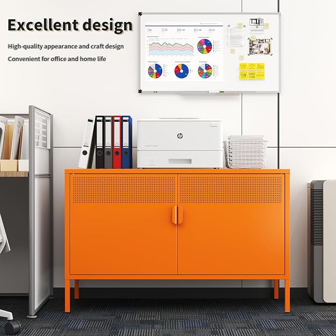 Orange Metal Storage Cabinet with 2 Doors - 25''H TV Stand, 2 Tier Locker with Adjustable Shelves, Multipurpose TV Cabinet for Office, Home, Living Room, Kitchen