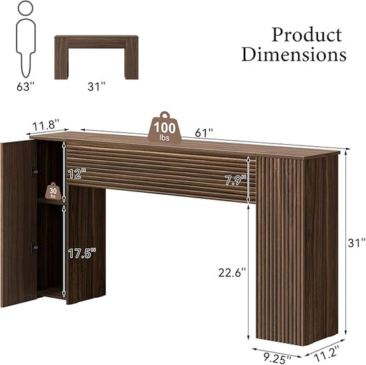 FABATO 61'' Fluted Long Console Table, Wooden Rectangular Sofa Table Behind The Couch, Narrow Entryway Table with 2 Hidden Storage Cabinets for Entrance, Hallway, Living Room, Foyer, Walnut
