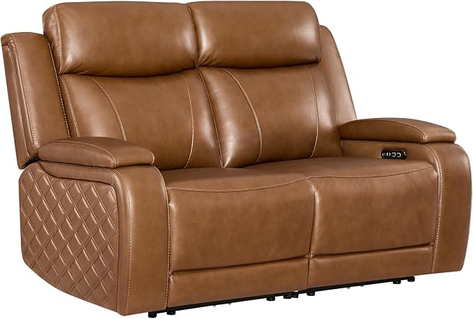 Watson & Whitely Genuine Leather Power Loveseat Recliner Sofa, Zero Gravity Reclining Loveseat with Power Headrest & Hidden Storage, Charging Ports, Dual Recliner Sofas for Living Room, Saddle Brown