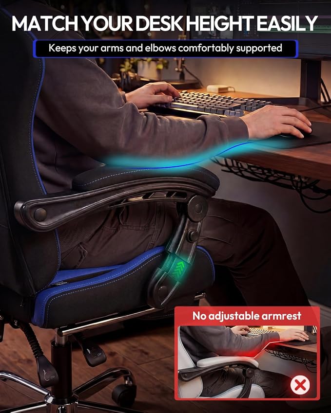 Dowinx Ergonomic Gaming Chair with Footrest & Massage Lumbar, 2D-Linkage Armrests for Computer Chair 330lbs with Headrest Pillow for Office, Home, Streaming and Long Gaming Sessions, Fabric Dark Blue