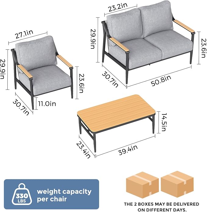 Jocoevol 4 Pieces Outdoor Sofa Conversation Set, 4 Seats Couch Set with Table, Metal Frame Rope Weaving Design UV Resistance Waterproof for Patio Garden Balcony, Grey