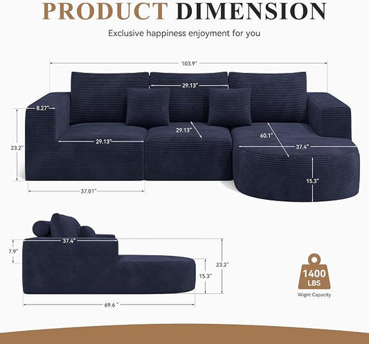 L-Shaped Boneless Couch,104" Couches for Living Room with Curved Chaise,Modular Sectional Sofa with Deep Seat,Modern Cozy Cloud Compression Sofas,No Assembly Required(Blue) 1PCS