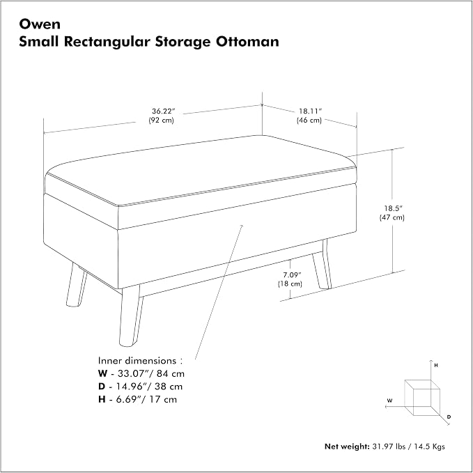 SIMPLIHOME Owen Small Rectangular Storage Ottoman - 36 inch Wide Upholstered Vegan Leather Lift-Top Ottoman in Distressed Black, Mid-Century Modern Ottoman for Living Room with Tufted Detail