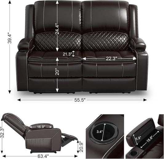 Yolsali Loveseat Recliner Sofa, Manual Wall Hugger Reclining Loveseat with Removable Armrest, 2-Tier Cushions, USB Ports & Cup Holders, PU Leather RV Couch for Travel Trailers/Living Room, Brown