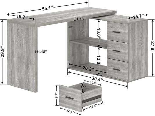 HSH L Shape Desk with Drawers, L-Shaped Desk with Storage Cabinet Shelves, Home Office Corner Computer Desk for Executive Writing, Modern Wood Study PC Table in Bedroom Living Room, Grey Oak, 55 Inch