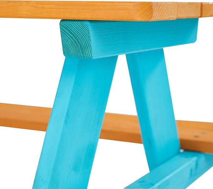 Teamson Kids - Wooden Outdoor Child Children Kids Picnic Table & Chair Bench Set - Brown/Aqua | Weather-Resistant Pine Wood, Seats 4 Children, Ideal for Backyard, Patio, Garden