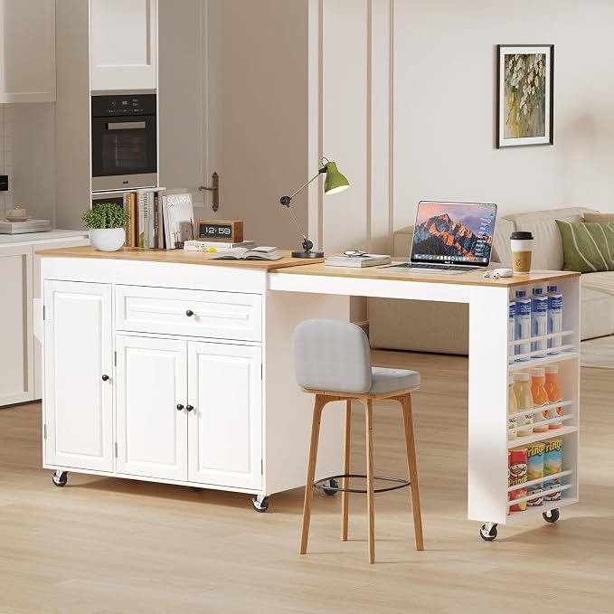 Expandable Kitchen Island with Storage Drawer and Wheels, White | Rubberwood top expands 48.4"-82.6". Spacious drawer, 2 cabinets, 2 shelves, spice rack & towel bar. Lockable casters.