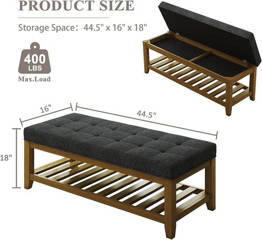 Befurtori Large Rectangular Upholstered Ottoman Bench, Linen Tufted Footrest Ottoman with Solid Wood Shelf Storage Coffee Table for Bedroom Living Room, Dark Gary