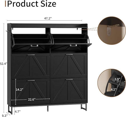Shoe Cabinet with 6 Flip Drawers, Freestanding Hidden Shoe Storage Organizer for Entryway, Narrow Slim Shoe Rack Cabinet with Open Storage & Hooks for Front Door Entrance, Living Room, Hallway, Black