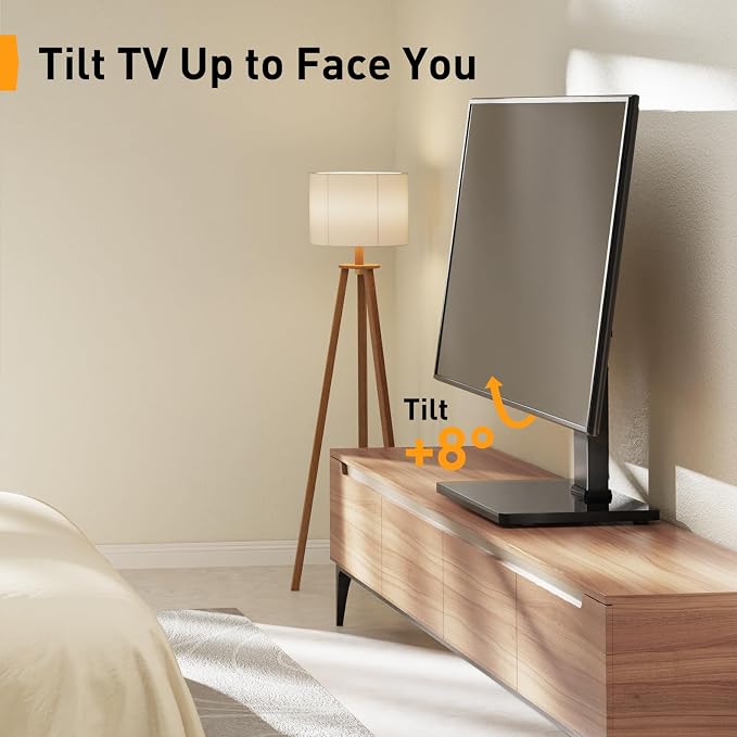 Perlegear Universal Swivel TV Stand with Power Outlet, Tabletop TV Stand for 34–65 Inch TVs up to 88 lbs, Tempered Glass TV Mount Stand Base with Height Adjustment, Tilt, Max VESA 400x400mm,PGTVS27