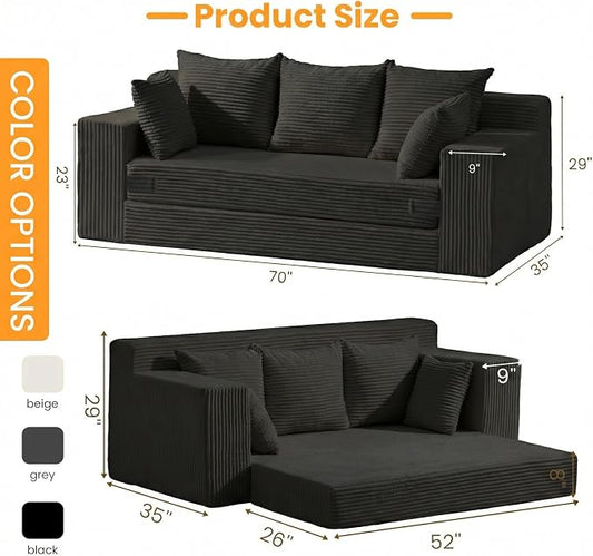 Convertible Sofa Bed, Pull Out 3 Seater Sleeper Sofa, 70" Black Boneless Couch Fold Out Floor Couch with 5 Pillows for Living Room Bedroom Lounge Small Space