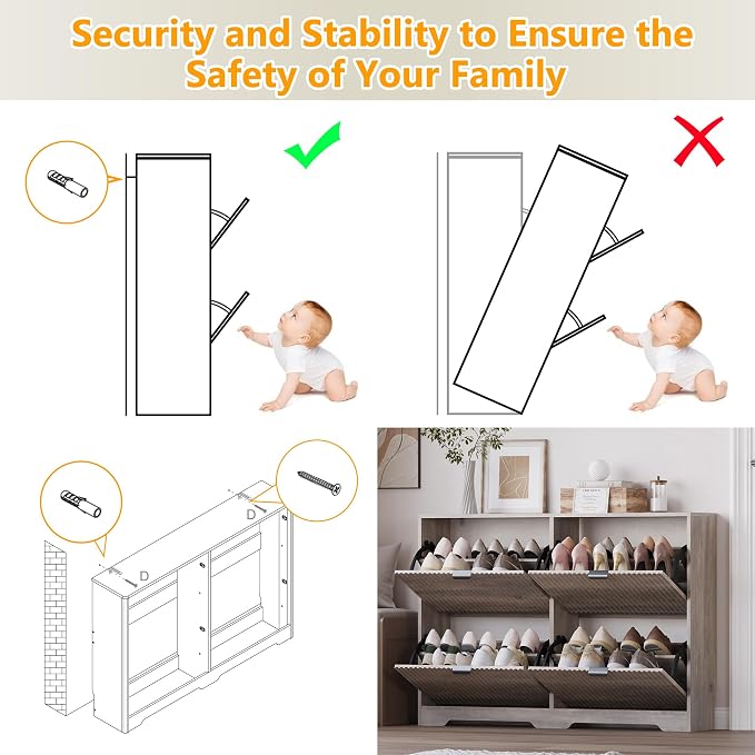 BORNOON Large Shoe Cabinet for Entryway, Shoe Rack Cabinet with 4 Flip Drawer and Adjustable Shelves for Small Apartment, Foyer