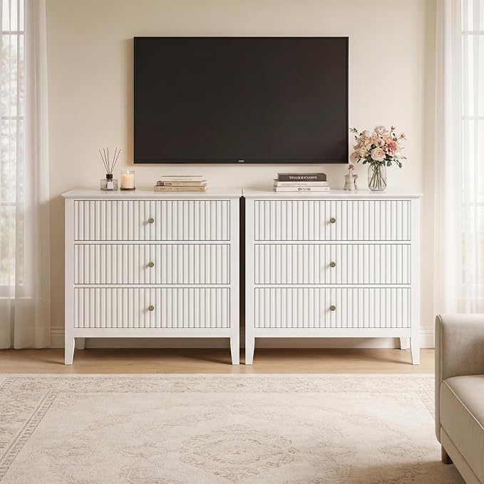 RoyalCraft Large 3 Drawer Dresser Set of 2, Fluted Wood Chest of Drawers with Storage, Modern Painted 30 inch Wide Nightstand for Bedroom Living Room Entryway, White