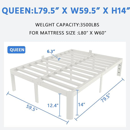 White Bed Frame Queen Size 14 Inch, Metal Queen Bed Frame No Box Spring Needed, Heavy Duty Steel Support 3500 LBS, DIY Headboard, Noiseless, Round Corner Legs, Storage Space, Easy Assembly