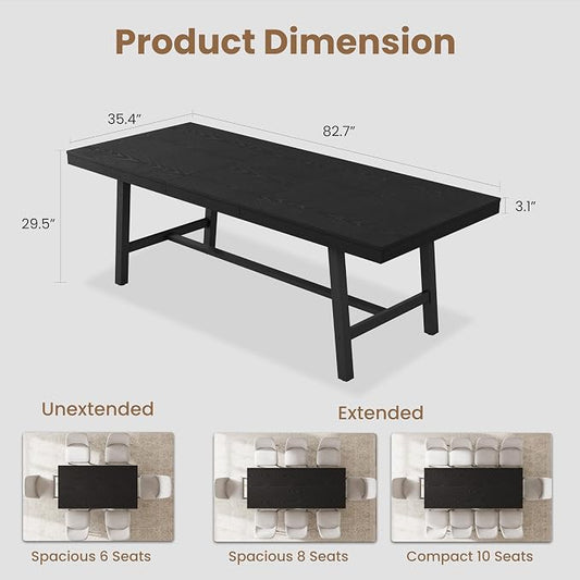 GarveeHome 63-83" Extendable Dining Table, Industrial Rectangular Dining Room Table for 6-8 People, Expandable Kitchen Table with Heavy Duty Metal Frame for Dining Room, Kitchen & Parties, Black