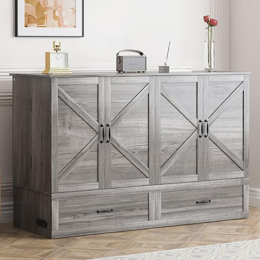 ijuicy Queen Murphy Cabinet Bed, Storage & Charge, No Mattress, Grey | Queen Murphy Bed Built-in multifunctional charging station & storage drawers, space-saving foldaway design for guest room.