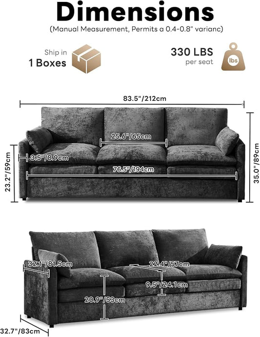 Iroomy 83" Chenille Cloud Couch, Modern Sofa 3 Seater, Comfy Plush Thick Cushions, Pocket Springs, Cloud-Like Comfort Sofas for Small Living Room Apartment, Dark Gray | 9.5" Thick Cushions