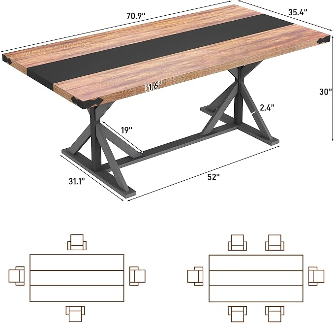 70 INCH Dining Room Table for 4-6 People,Wooden Rectangular Kitchen Table W/Waterproof Thickness Tabletop,Farmhouse Long Dinner Table W/Adjustable Leg for Dining Room,Living Room,Office(Brown&Black)