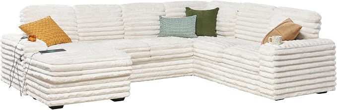 AMERLIFE 112 Inch U Shaped Couch, Oversized Couch with Storage Chaise & Cup Holders, Sectional Sofa with USB & Type-C Charging Ports, Faux Fur White Sofa