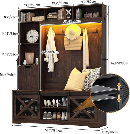 75''H 59''W Large LED Farmhouse Hall Tree with Bench and Shoe Storage,Entryway Bench with Coat Rack,16 Shoe Cubbies & Umbrella Holder and Sock Storage Drawer,Mudroom/Hallway Storages Cabinet(Brown)