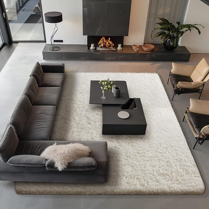 Ophanie Area Rugs 9x12 Living Room, Large Ivory Bedroom Carpet, Big Shag Indoor Thick Soft Nursery Rug, Fluffy Carpets for Boy and Girls Room Dorm Home Decor Aesthetic with Over 99 pcs Pile fibers