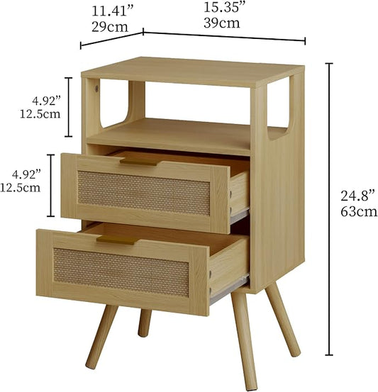 JOONEE Rattan Nightstand,Farmhouse Bedside Table with 2 Storage Drawer and Open Wood Shelf, for Bedroom and Small Spaces,Night Stand with Solid Wood Legs (Yellow Oak)