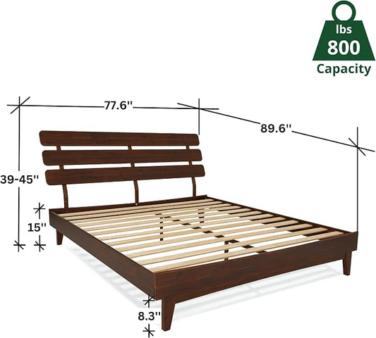 Bme Caden King Size Bed Frame and Adjustable Headboard, 15 Inch Mid Century Retro Style - Solid Acacia Wood - No Box Spring Needed - 12 Strong Wood Slat Support - Easy Assembly - Walnut