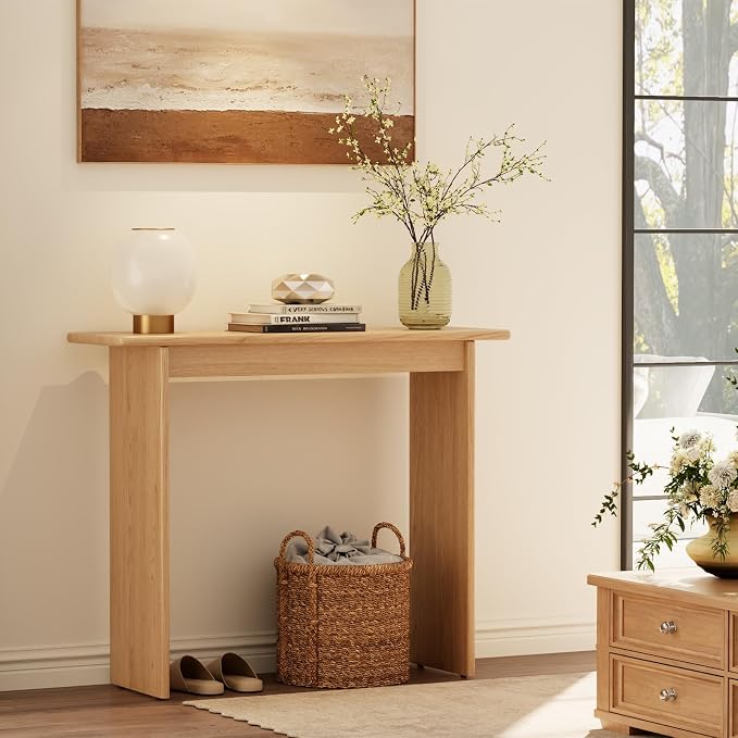AQIMUELE Natural Console Table Thin Rubberwood Minimalist Mid-Century Style | Stable and Sturdy 11.8" D x 39.4" W x 31.5" H for Entryway/Sofa Back