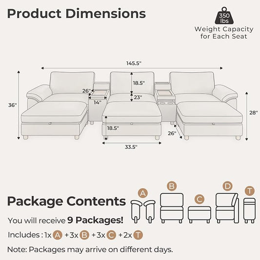 SITJOY Large Cloud Couch, 146" Wide 3 Seater Sofa Bed with Console, White | Pet-Friendly Scratch-Resistant Leather Sectional Sofas for Living Room, Deep Seat Wide Couch with Chaise, Storage Ottoman