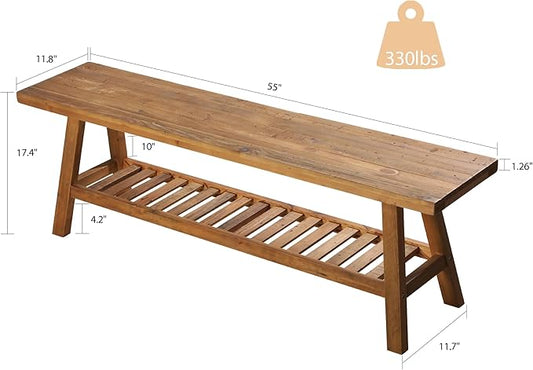 HOKYHOKY Reclaimed Solid Wood Bench-55 Inches Farmhouse Entryway Bench with Storage Shelf, Narrow Rustic Bench for Hallway, Kitchen, Bedroom, Dining