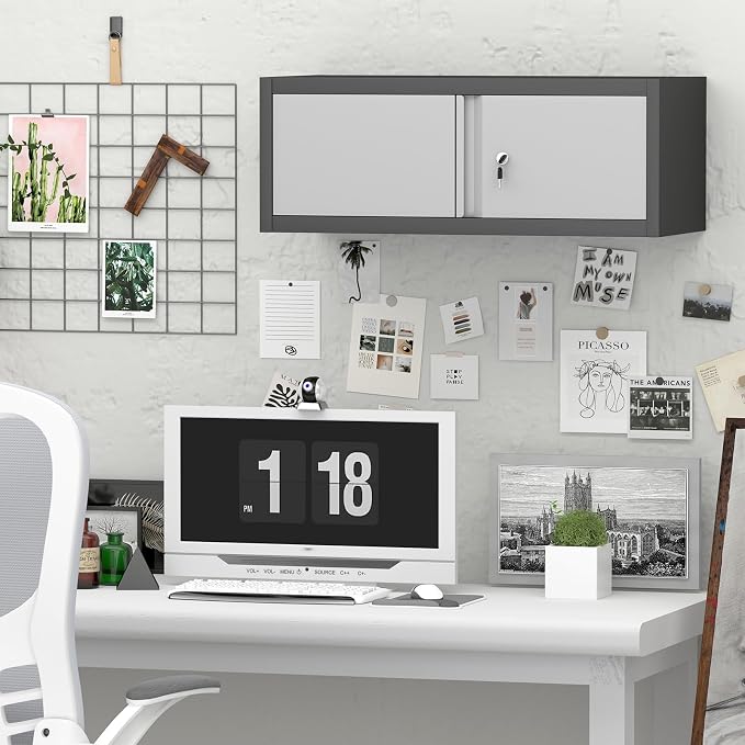 GREATMEET Metal Garage Storage Cabinets, Lockable Storage Cabinet with Doors, Wall Mount Cabinet Storage with Lock, Hanging Floating (Grey, 13" H)