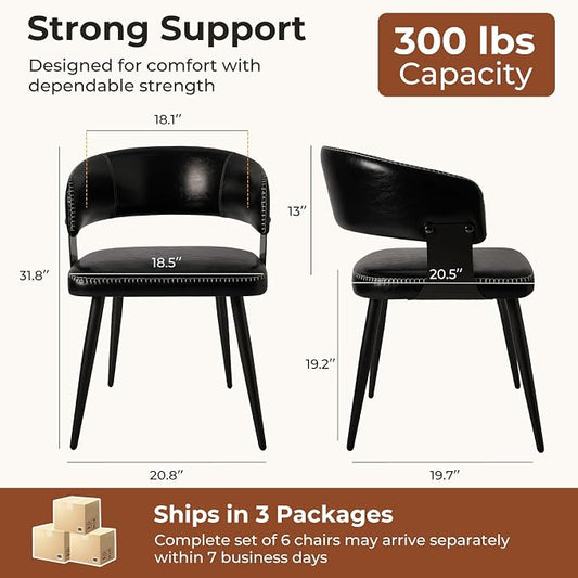 Dining Chairs Set of 6, Modern Upholstered Faux Leather Kitchen Chairs with Elegant Stitching, Easy to Assemble & Clean for Dining Room, Restaurant, Cafe, Vintage Black