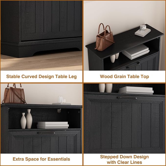 Shoe Storage Cabinet with 2 Flip Drawers, 24" W Farmhouse Modern Hidden Shoes Rack Cabinet with Adjustable Shelves & Open Storage, Narrow Slim Shoe Organizer for Front Door Entrance, Entryway, Black