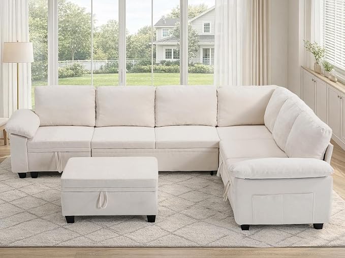 108" Modular Sectional Sofa Bed with Storage, L Shaped Pull Out Couch, Removable Chenille Sofa Cover for Living Room(Beige, 7 Seat)