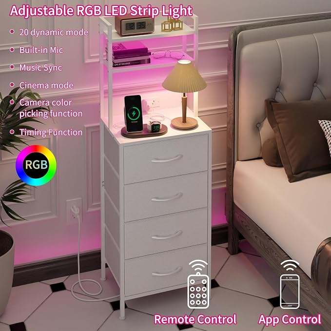 Fixwal 47 Inch Tall Nightstand with Charging Station, Led Night Stand with Socket, 4 PU Finished Fabric Storage Drawers, Office, Bedside Table & Bookshelf in One, White