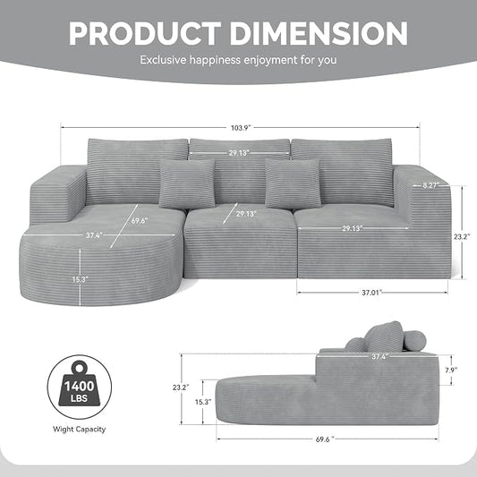 Boneless Couches for Living Room,Cloud Sectional Couch with L-Shape Chaise,Modern Modular Sofa with Deep Seat Upholstered Comfy Couches for Bedroom,No Assembly Required,1PCS