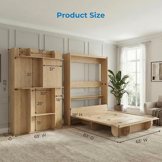 Mjkone Queen Size Wall Murphy Bed with Storage Shelf, Queen Wall Beds Cabinet Murphy Beds with Bookshelf, Top Cabinet Bed, Space-Saving Cabinets Beds for Bedroom, Guest Room, Studio, Office-Wood Color