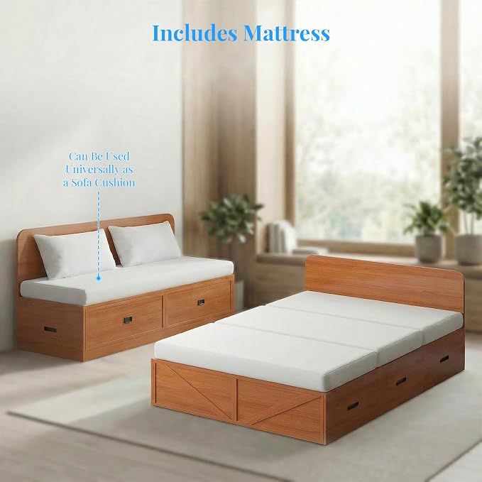 PUREMIND Murphy Bed Full with Mattress Included, Wood Cabinet Bed with Dual Storage Drawers & 2 Pillows, 3-in-1 Convertible Sofa Beds for Small Space, Guest Room, Cherry