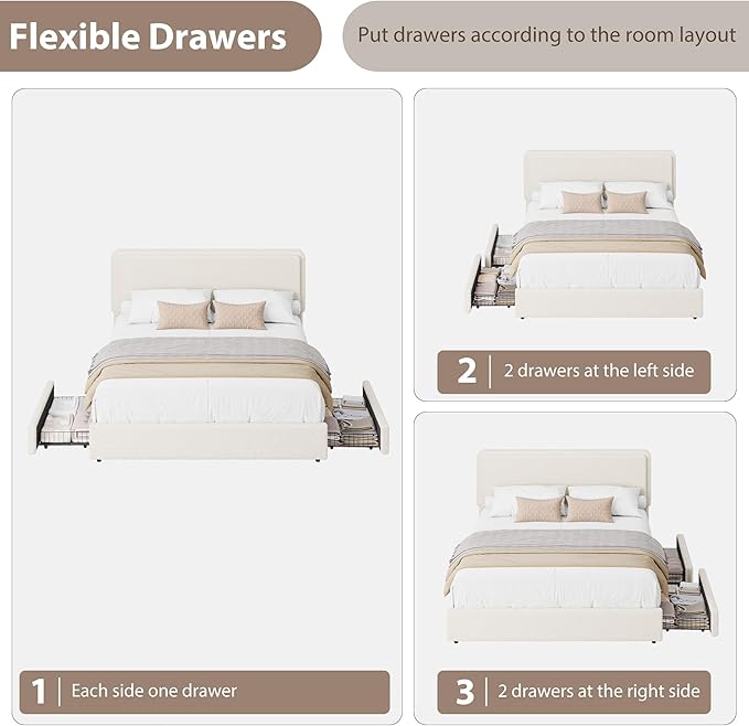 GarveeHome Queen Size Bed Frame with 2 Storage Drawer, Teddy Fleece Thick Upholstered Platform Bed Frame with Adjustable Headboard, No Box Spring Needed, Cream Beige