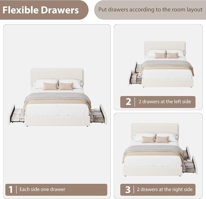 GarveeHome Bed Frame with 2 Storage Drawer, Teddy Fleece Thick Upholstered Platform Bed Frame with Adjustable Headboard, No Box Spring Needed, Cream Beige, Full