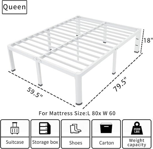 ROIL 18 Inch White Queen Bed Frame with Rounded Corner and Headboard Hole Mattress Retainers 3500LBS Heavy Duty Steel Slats No Box Spring Needed Platform Noise-Free Easy Assembly