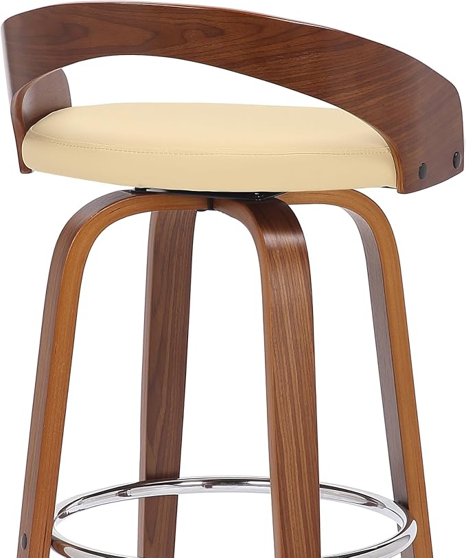 Armen Living Sonia 26" Counter Height Swivel Cream Faux Leather and Walnut Wood Bar Stool