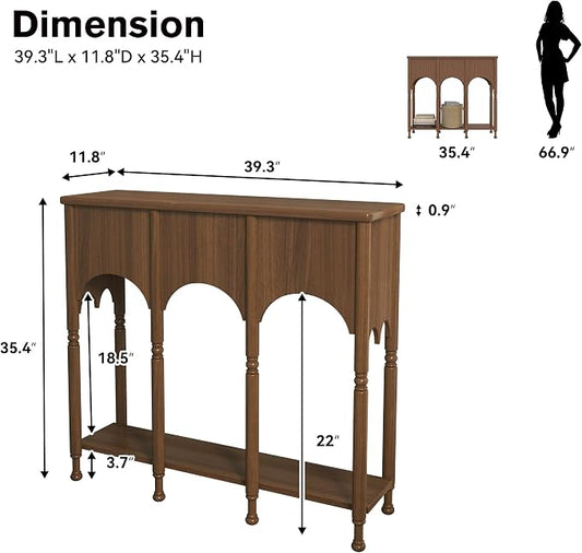 40" Console Table with Storage Shelf, Retro Entryway Table, Wooden Sofa Table with Roman-Style Legs for Living Room, Hallway, Brown