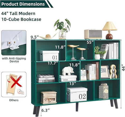 LEYAOYAO 10 Cube Bookshelf, 3 Tier Vintage 55" Wide Bookcase with Legs, Mid-Century Wood Bookshelves Storage, Dark Green Large Book Case, Freestanding Organizer Display Shelf for Living Room, Office