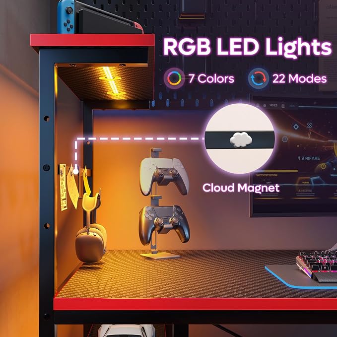 Bestier Gaming Desk with LED Lights, 44 Inch PC Gamer Desk for Small Spaces, Computer Desk with Reversible Storage Shelves & Side Storage Bag (Black 3D Carbon Fiber)